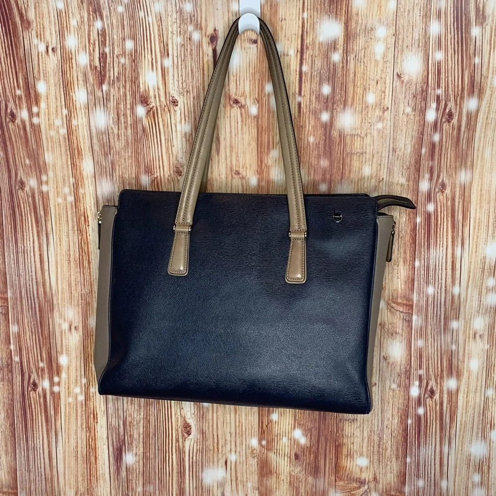 Tumi Pavia Satchel Bag Two Tone Navy Taupe Travel Laptop Tote. Embossed